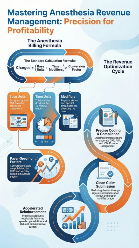 Infographic explaining anesthesia billing revenue management, including base units, time units, modifiers, precise coding, clean claims, and faster reimbursement.