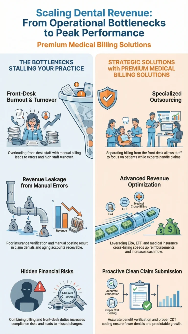 Infographic showing dental revenue challenges like front-desk burnout and errors, and solutions including outsourced billing, clean claims, and faster reimbursements.
