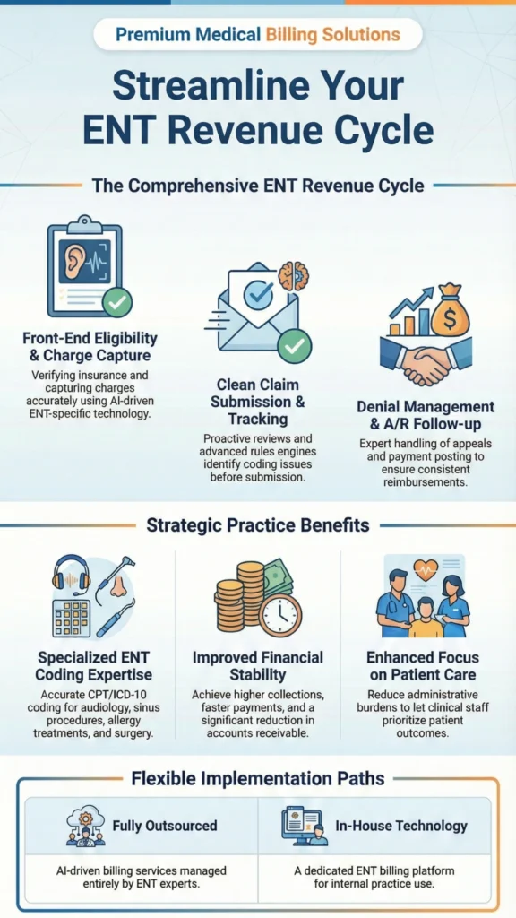 Infographic showing ENT revenue cycle management, including eligibility checks, clean claim submission, denial management, specialized coding, improved cash flow, and flexible outsourcing or in-house billing options.