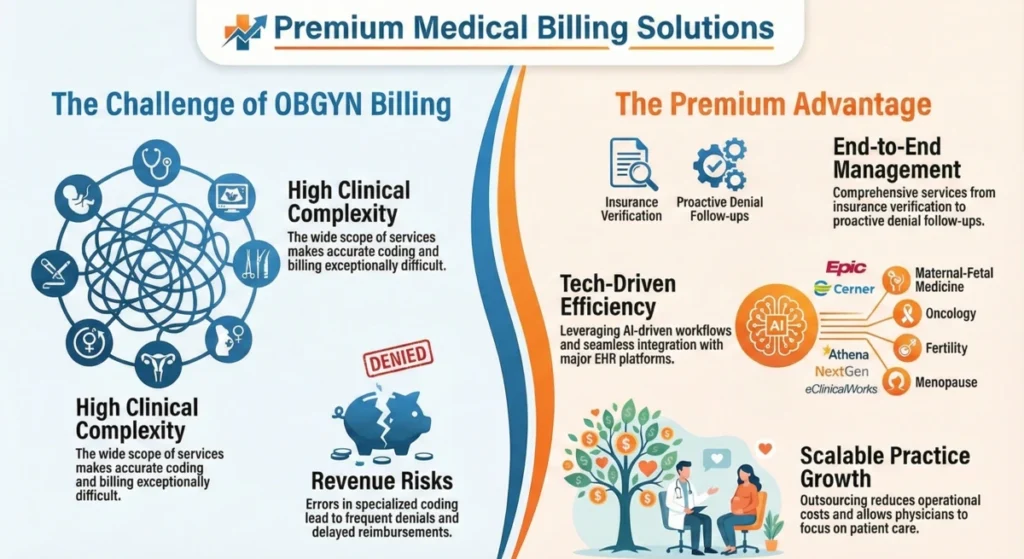 Infographic comparing OBGYN billing challenges, like clinical complexity and revenue risk, with outsourced solutions offering insurance verification, denial management, tech-driven efficiency, and scalable practice growth.