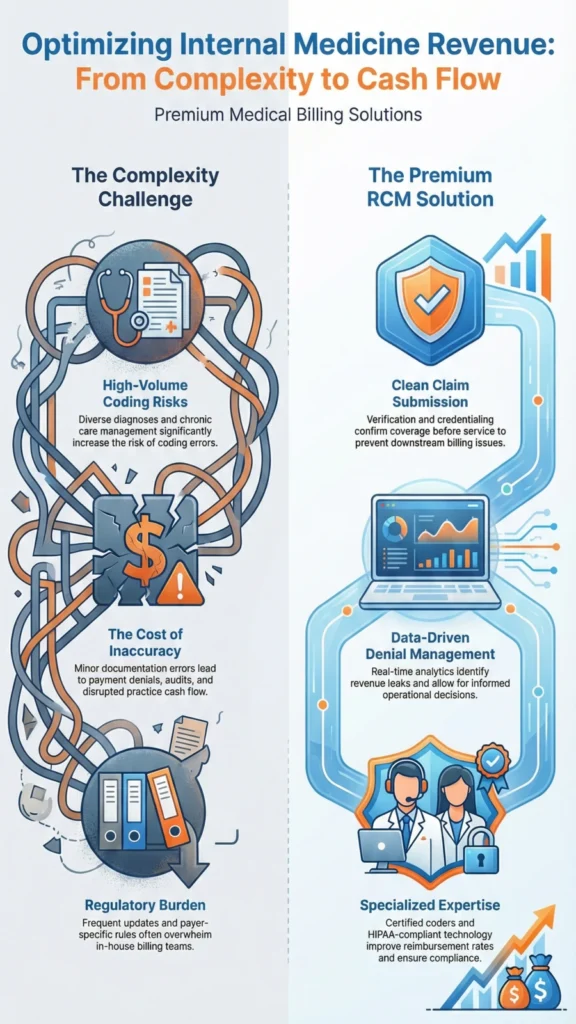 Infographic showing internal medicine billing challenges versus RCM solutions, highlighting coding risks, denials, compliance, clean claims, analytics, and improved cash flow.