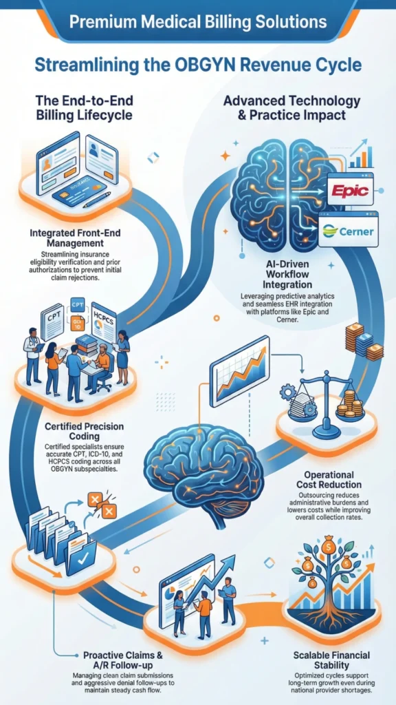 Infographic showing the OBGYN revenue cycle, highlighting front-end eligibility, AI-driven workflows, precise coding, claims follow-up, cost reduction, and improved financial stability.