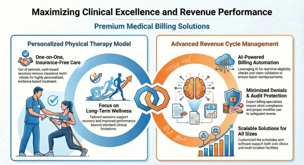 Infographic showing physical therapy care and revenue cycle management, highlighting personalized treatment, AI-powered billing, denial reduction, and scalable medical billing solutions.