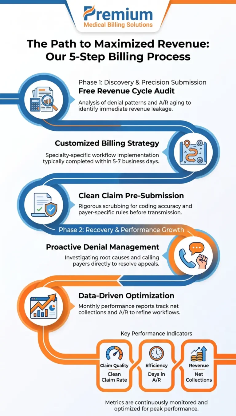 5-step medical billing process showing revenue cycle audit, billing strategy, claim pre-submission, denial management, and revenue optimization
